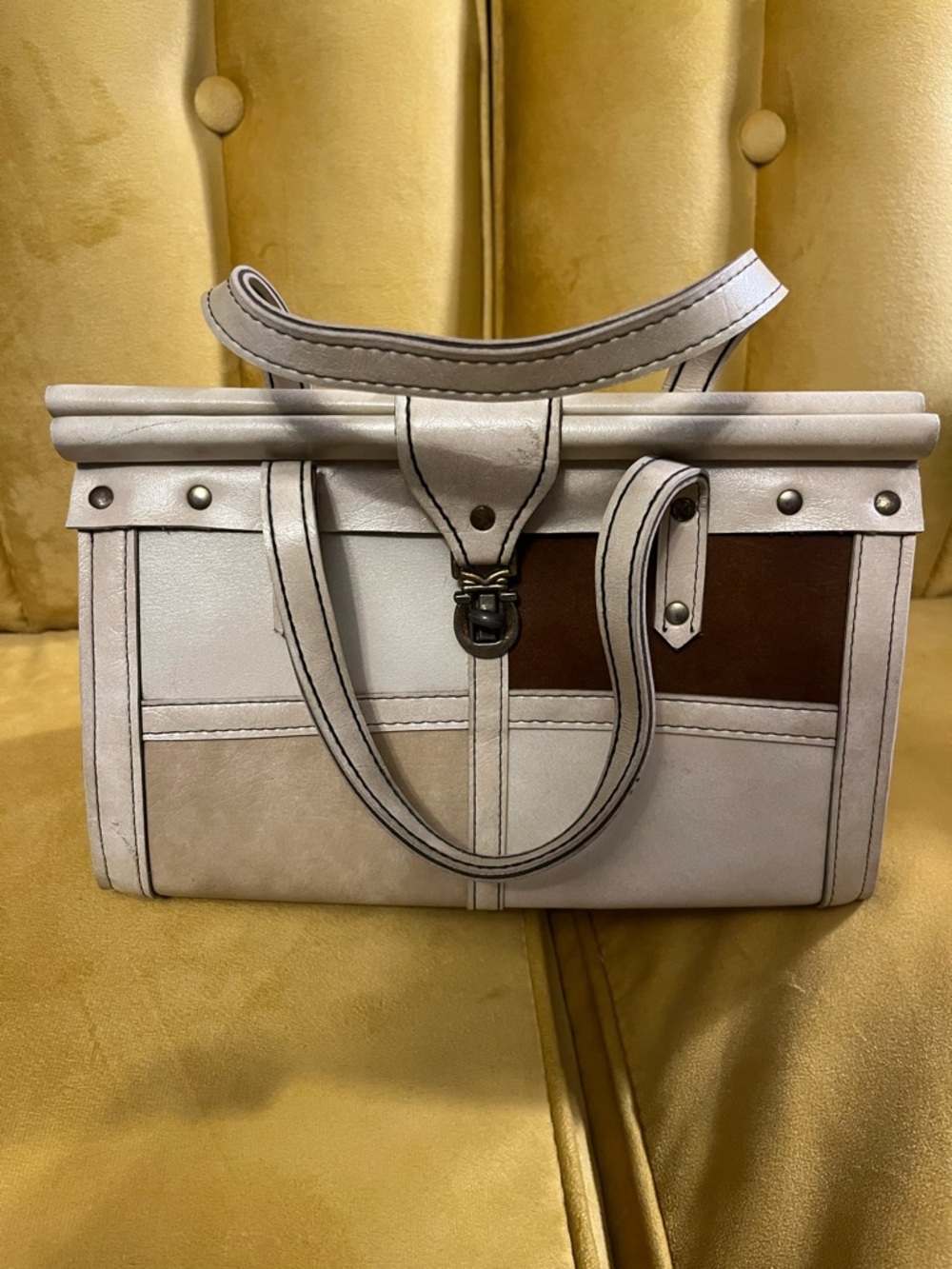 Vintage Spilene Structured Two-Tone Cream and Brown Women's Satchel